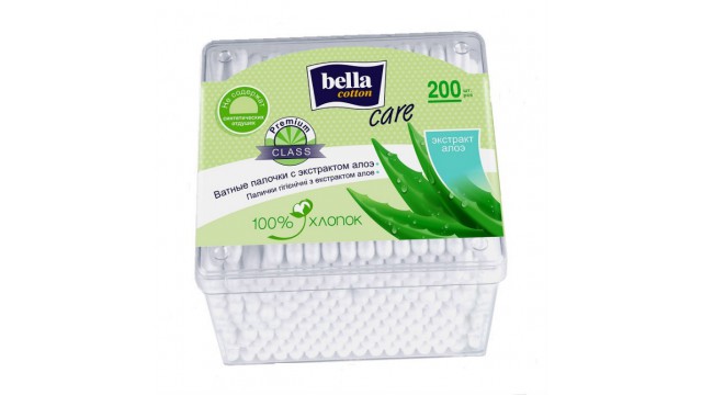 Ватные палочки Bella Cotton, с экстрактом алоэ квадратная упаковка, (200 шт.)